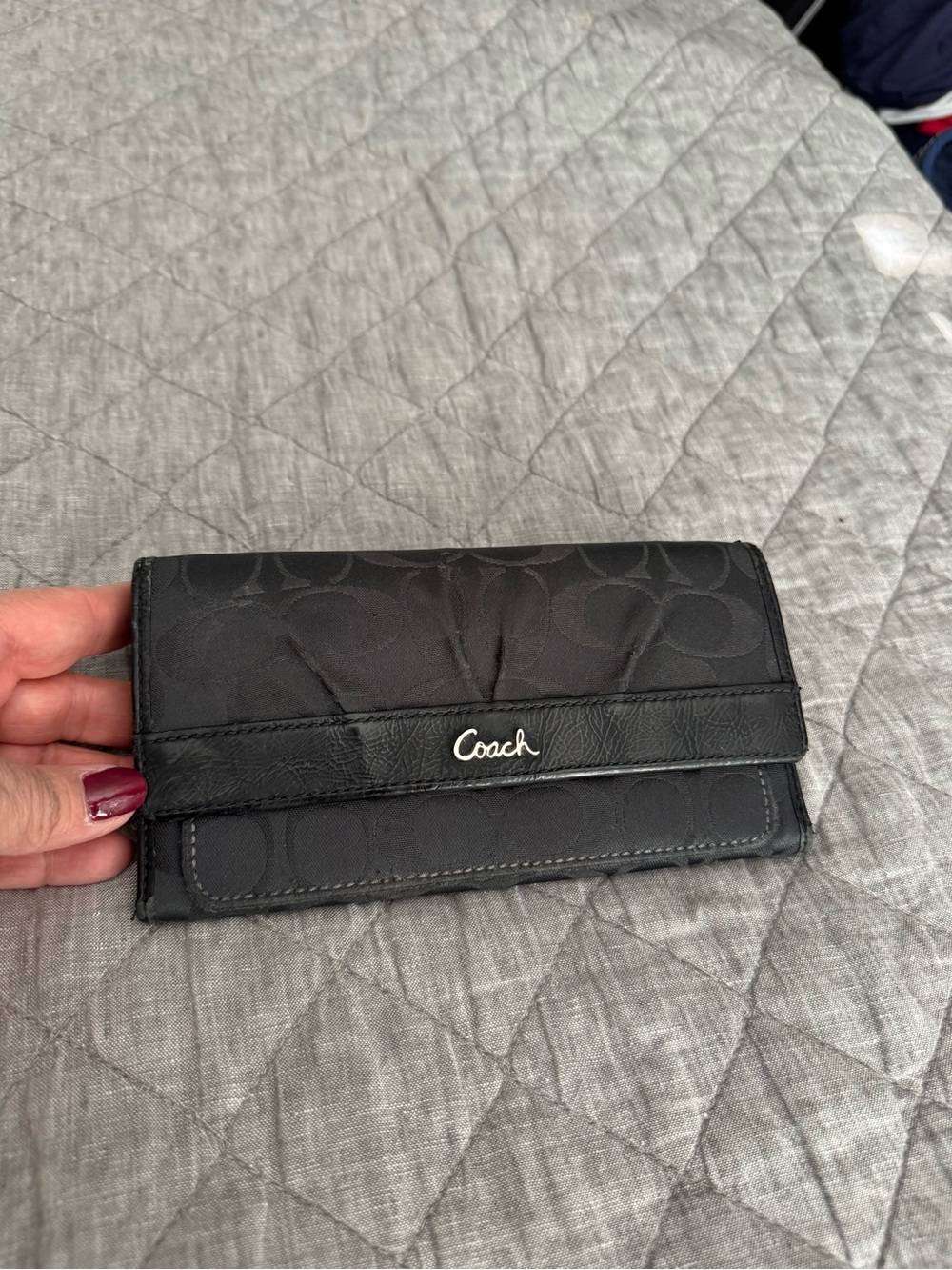 Coach Black Signature Fold Wallet with Logo Trim